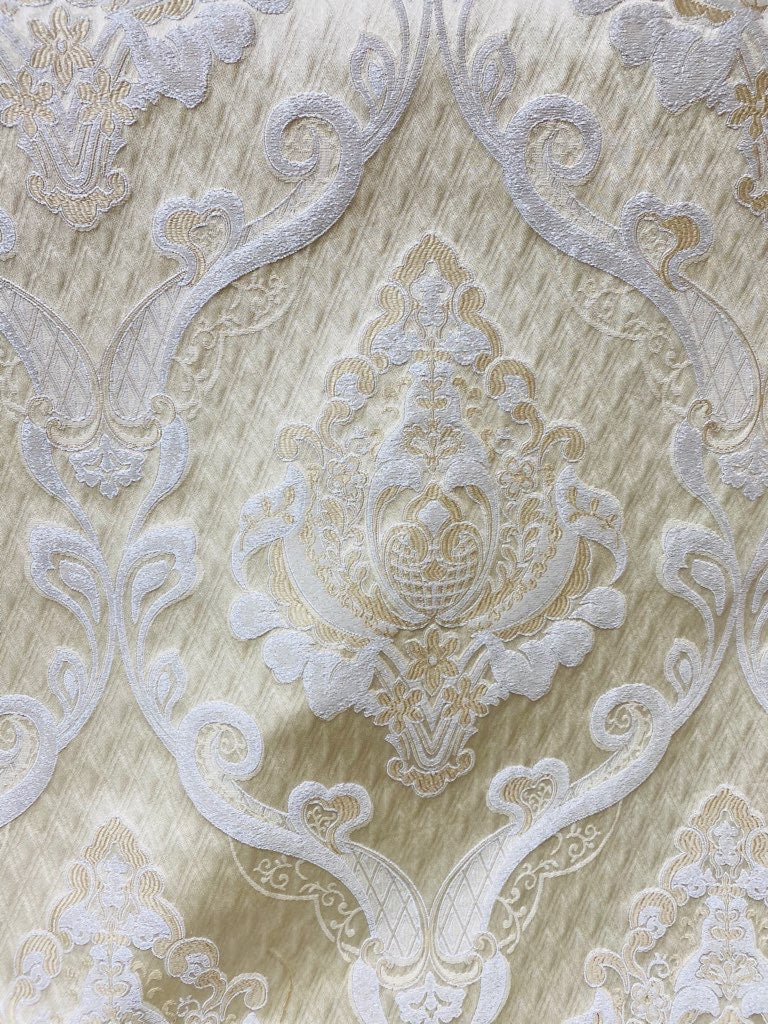 NEW Lady Catherine Designer Satin Damask Brocade Drapery Upholstery Cream & Gold Fabric - Fancy Styles Fabric Pierre Frey Lee Jofa Brunschwig & Fils