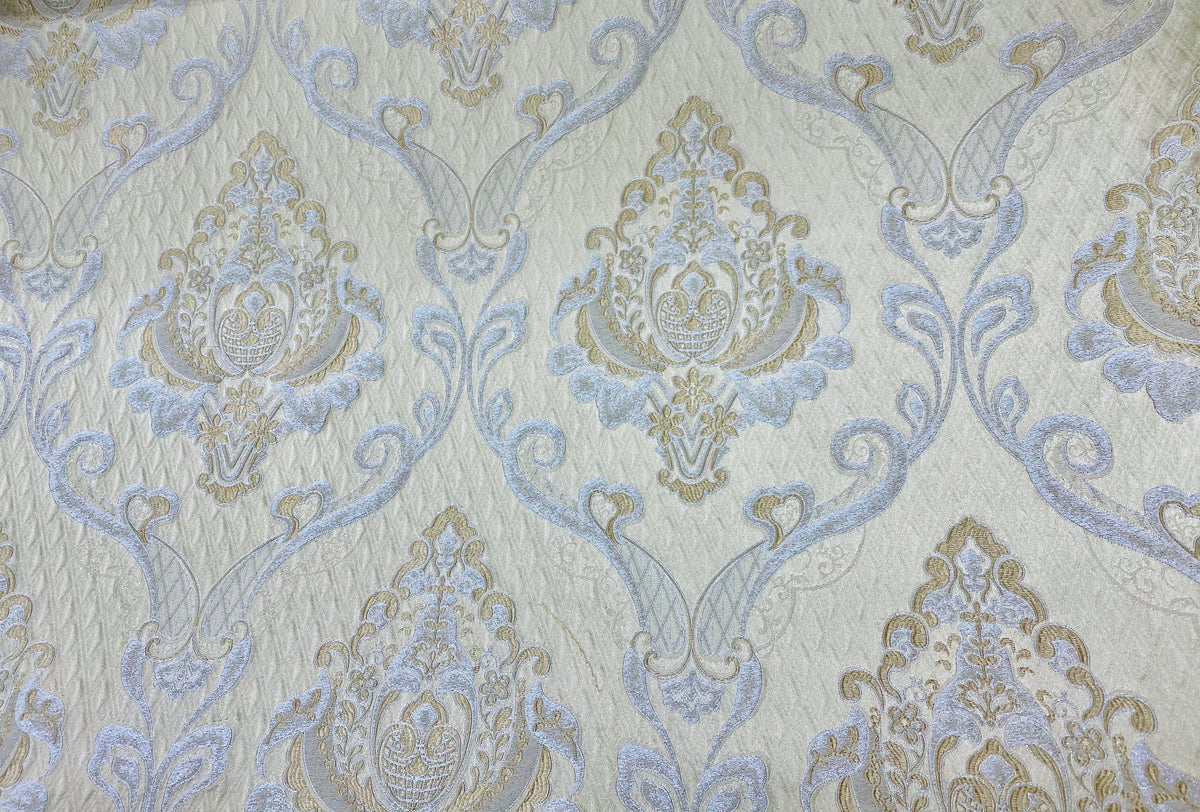 NEW Lady Catherine Designer Satin Damask Brocade Drapery Upholstery Cream & Gold Fabric - Fancy Styles Fabric Pierre Frey Lee Jofa Brunschwig & Fils