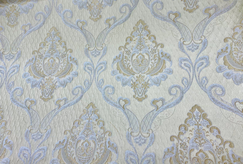 NEW Lady Catherine Designer Satin Damask Brocade Drapery Upholstery Cream & Gold Fabric - Fancy Styles Fabric Pierre Frey Lee Jofa Brunschwig & Fils