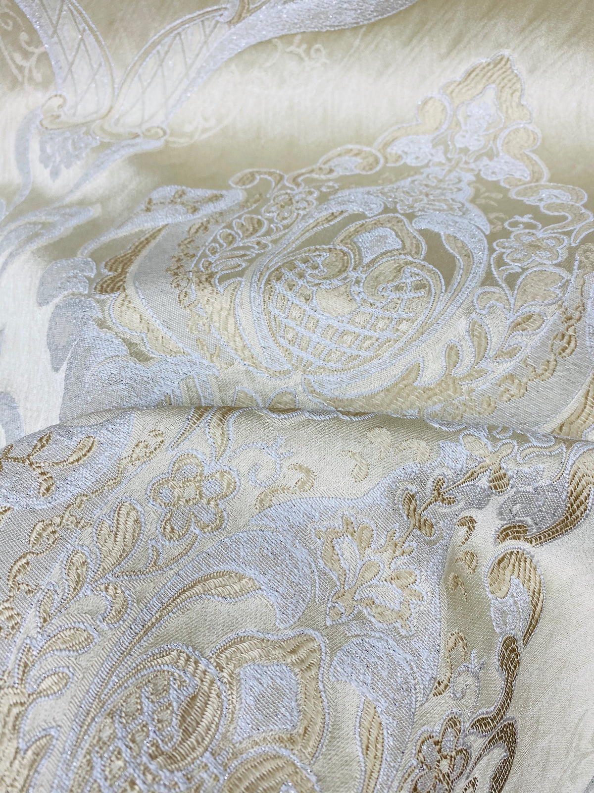 NEW Lady Catherine Designer Satin Damask Brocade Drapery Upholstery Cream & Gold Fabric - Fancy Styles Fabric Pierre Frey Lee Jofa Brunschwig & Fils