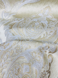 NEW Lady Catherine Designer Satin Damask Brocade Drapery Upholstery Cream & Gold Fabric - Fancy Styles Fabric Pierre Frey Lee Jofa Brunschwig & Fils
