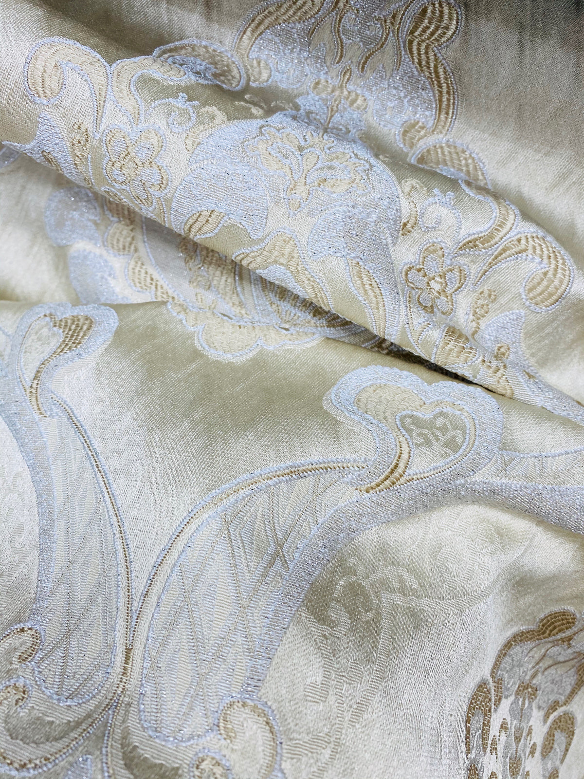 NEW Lady Catherine Designer Satin Damask Brocade Drapery Upholstery Cream & Gold Fabric - Fancy Styles Fabric Pierre Frey Lee Jofa Brunschwig & Fils