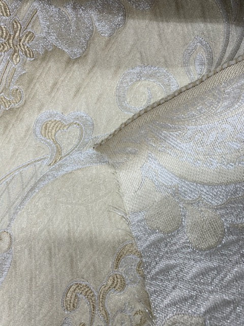 NEW Lady Catherine Designer Satin Damask Brocade Drapery Upholstery Cream & Gold Fabric - Fancy Styles Fabric Pierre Frey Lee Jofa Brunschwig & Fils