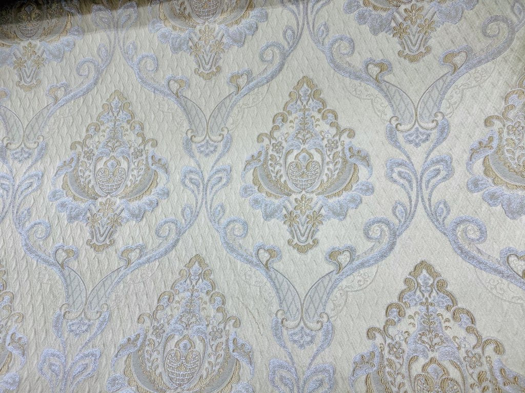 NEW Lady Catherine Designer Satin Damask Brocade Drapery Upholstery Cream & Gold Fabric - Fancy Styles Fabric Pierre Frey Lee Jofa Brunschwig & Fils