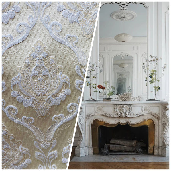 NEW Lady Catherine Designer Satin Damask Brocade Drapery Upholstery Cream & Gold Fabric - Fancy Styles Fabric Pierre Frey Lee Jofa Brunschwig & Fils