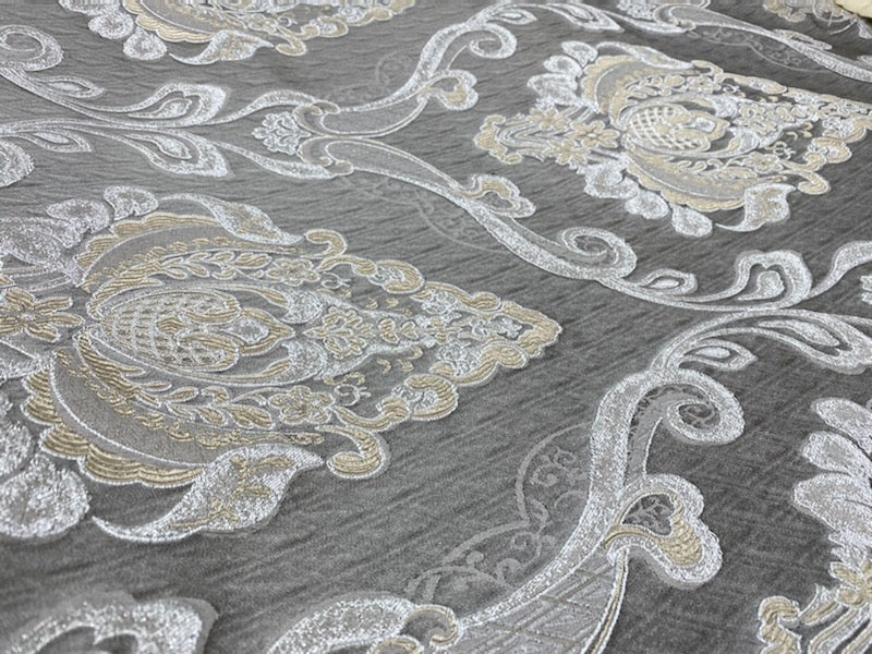 NEW Lady Catherine Designer Satin Damask Brocade Drapery Upholstery Gray Fabric - Fancy Styles Fabric Pierre Frey Lee Jofa Brunschwig & Fils