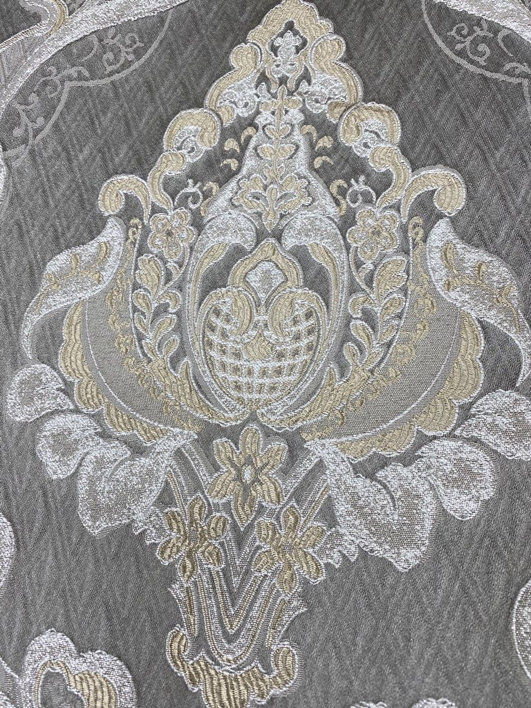 NEW Lady Catherine Designer Satin Damask Brocade Drapery Upholstery Gray Fabric - Fancy Styles Fabric Pierre Frey Lee Jofa Brunschwig & Fils