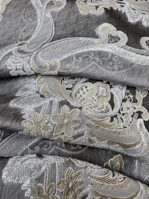 NEW Lady Catherine Designer Satin Damask Brocade Drapery Upholstery Gray Fabric - Fancy Styles Fabric Pierre Frey Lee Jofa Brunschwig & Fils