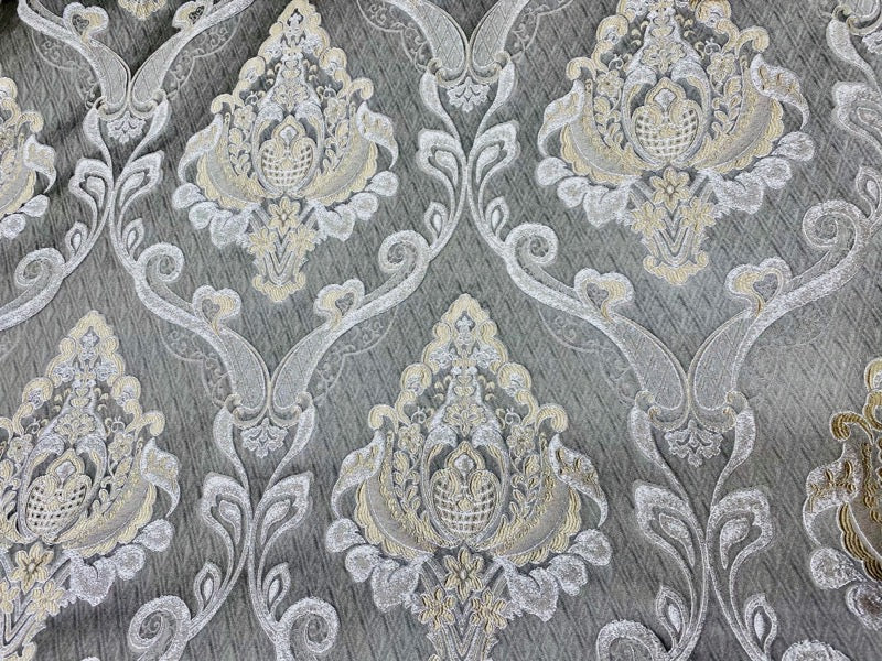 NEW Lady Catherine Designer Satin Damask Brocade Drapery Upholstery Gray Fabric - Fancy Styles Fabric Pierre Frey Lee Jofa Brunschwig & Fils