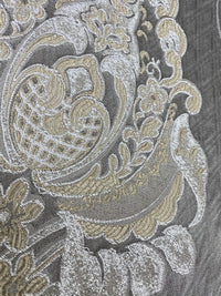 NEW Lady Catherine Designer Satin Damask Brocade Drapery Upholstery Gray Fabric - Fancy Styles Fabric Pierre Frey Lee Jofa Brunschwig & Fils