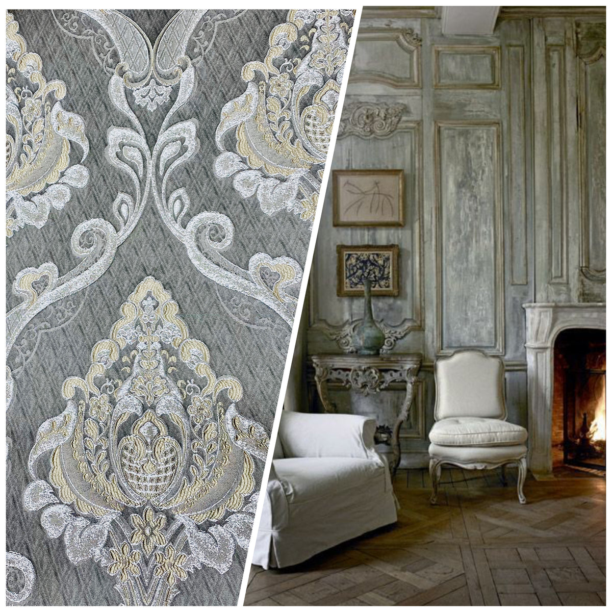 NEW Lady Catherine Designer Satin Damask Brocade Drapery Upholstery Gray Fabric - Fancy Styles Fabric Pierre Frey Lee Jofa Brunschwig & Fils