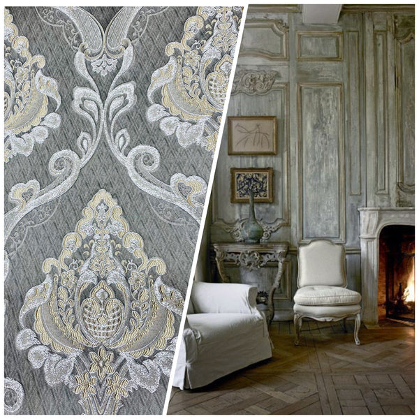 NEW Lady Catherine Designer Satin Damask Brocade Drapery Upholstery Gray Fabric - Fancy Styles Fabric Pierre Frey Lee Jofa Brunschwig & Fils