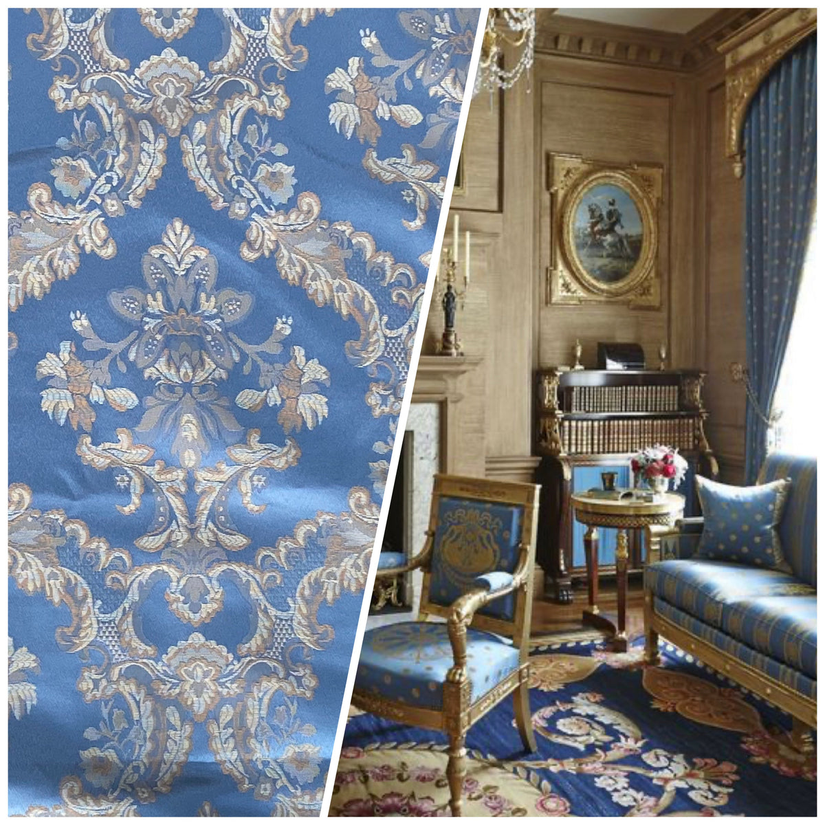 NEW Prince Lucas Designer Satin Damask Brocade Upholstery Drapery Sky Blue Fabric - Fancy Styles Fabric Pierre Frey Lee Jofa Brunschwig & Fils
