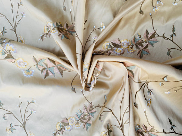 NEW Dauphine Lola 100% Silk Dupioni Embroidered Floral Cream Peach & Blue Fabric - Fancy Styles Fabric Pierre Frey Lee Jofa Brunschwig & Fils