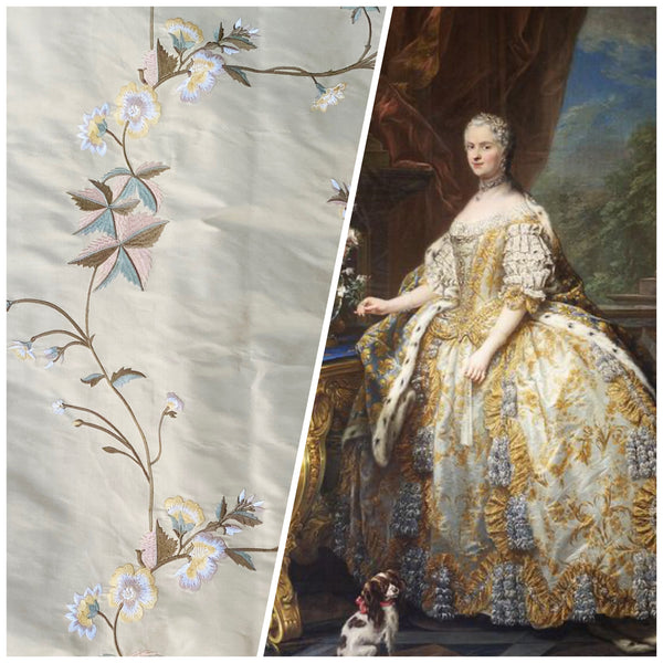 NEW Dauphine Lola 100% Silk Dupioni Embroidered Floral Cream Peach & Blue Fabric - Fancy Styles Fabric Pierre Frey Lee Jofa Brunschwig & Fils