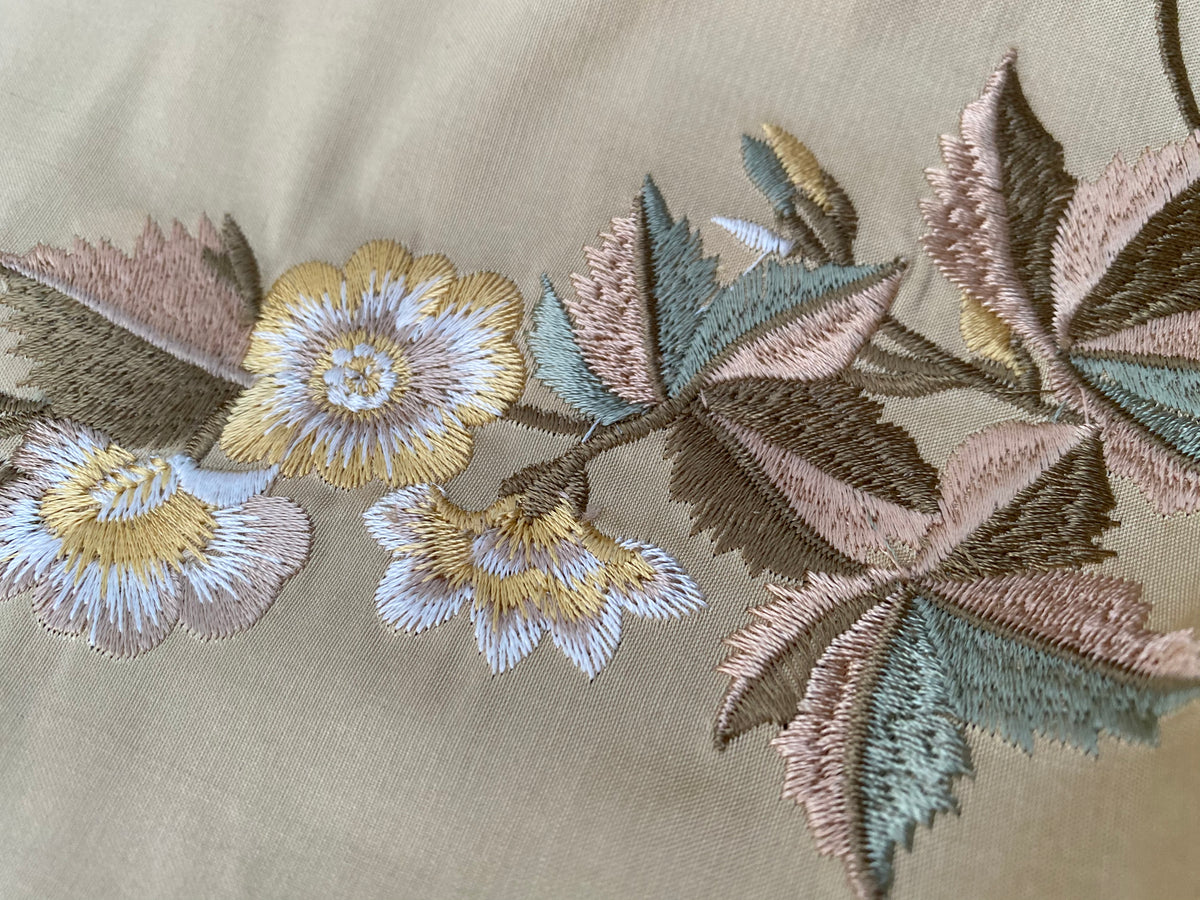 NEW Dauphine Lola 100% Silk Dupioni Embroidered Floral Cream Peach & Blue Fabric - Fancy Styles Fabric Pierre Frey Lee Jofa Brunschwig & Fils