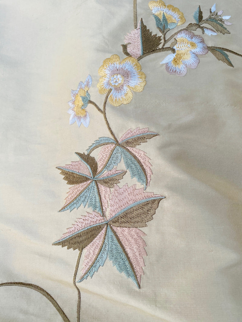 NEW Dauphine Lola 100% Silk Dupioni Embroidered Floral Cream Peach & Blue Fabric - Fancy Styles Fabric Pierre Frey Lee Jofa Brunschwig & Fils