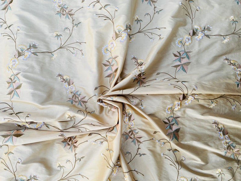 NEW Dauphine Lola 100% Silk Dupioni Embroidered Floral Cream Peach & Blue Fabric - Fancy Styles Fabric Pierre Frey Lee Jofa Brunschwig & Fils
