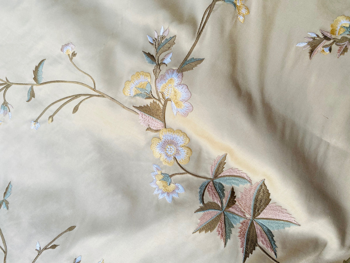 NEW Dauphine Lola 100% Silk Dupioni Embroidered Floral Cream Peach & Blue Fabric - Fancy Styles Fabric Pierre Frey Lee Jofa Brunschwig & Fils