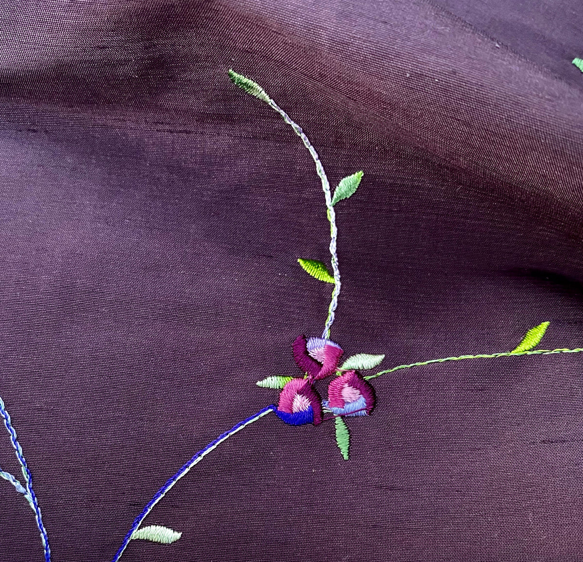 NEW Miss Jessica 100% Silk Dupioni Embroidered Floral Purple Pink and Green Fabric - Fancy Styles Fabric Pierre Frey Lee Jofa Brunschwig & Fils