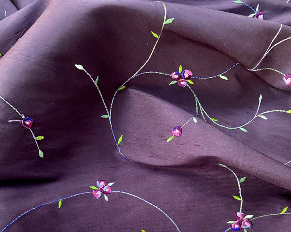 NEW Miss Jessica 100% Silk Dupioni Embroidered Floral Purple Pink and Green Fabric - Fancy Styles Fabric Pierre Frey Lee Jofa Brunschwig & Fils