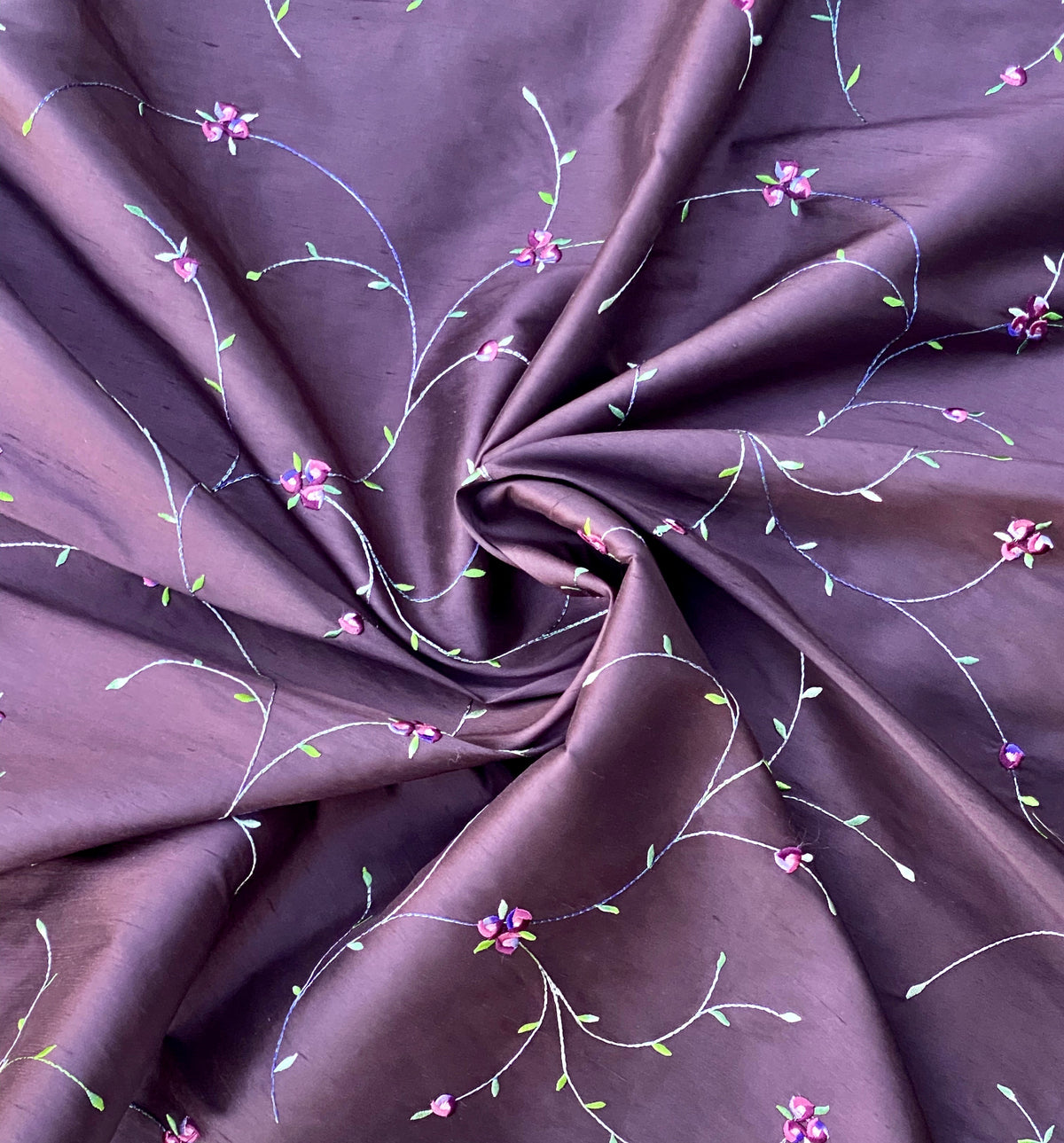 NEW Miss Jessica 100% Silk Dupioni Embroidered Floral Purple Pink and Green Fabric - Fancy Styles Fabric Pierre Frey Lee Jofa Brunschwig & Fils