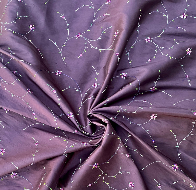 NEW Miss Jessica 100% Silk Dupioni Embroidered Floral Purple Pink and Green Fabric - Fancy Styles Fabric Pierre Frey Lee Jofa Brunschwig & Fils