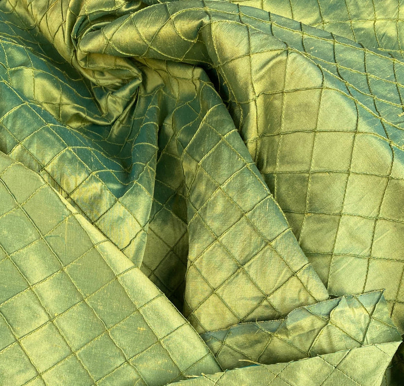 NEW Lady Morgan 100% Silk Dupioni Fabric Pintuck Diamond Green with Teal Iridescence - Fancy Styles Fabric Pierre Frey Lee Jofa Brunschwig & Fils