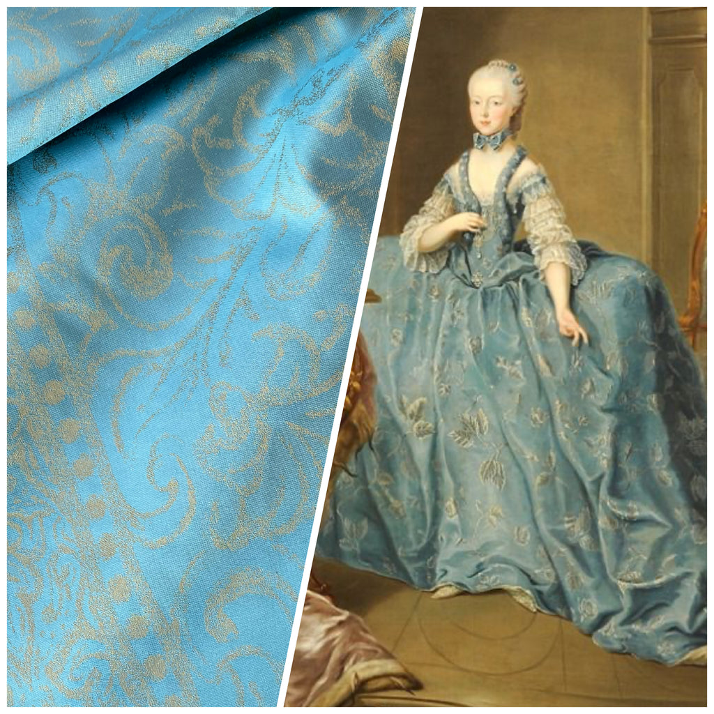 NEW Princess Fanny Designer 100% Silk Dress Fabric in Gold and Turquoise Blue - Fancy Styles Fabric Pierre Frey Lee Jofa Brunschwig & Fils