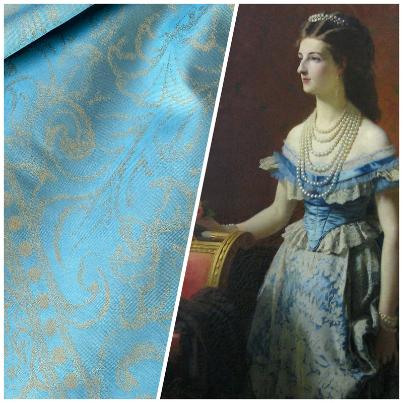 NEW Princess Fanny Designer 100% Silk Dress Fabric in Gold and Turquoise Blue - Fancy Styles Fabric Pierre Frey Lee Jofa Brunschwig & Fils