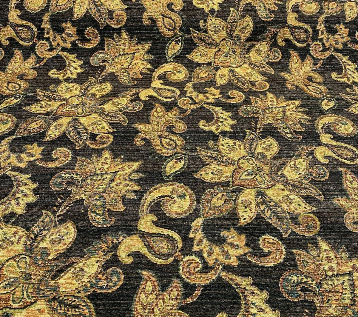 Designer Kilim Rug Inspired Floral Upholstery Chenille Fabric- Black - Fancy Styles Fabric Pierre Frey Lee Jofa Brunschwig & Fils