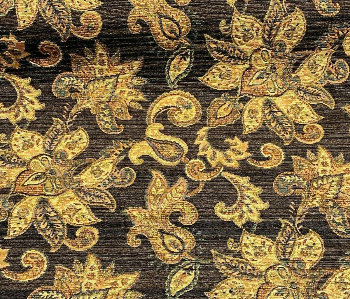 Designer Kilim Rug Inspired Floral Upholstery Chenille Fabric- Black - Fancy Styles Fabric Pierre Frey Lee Jofa Brunschwig & Fils