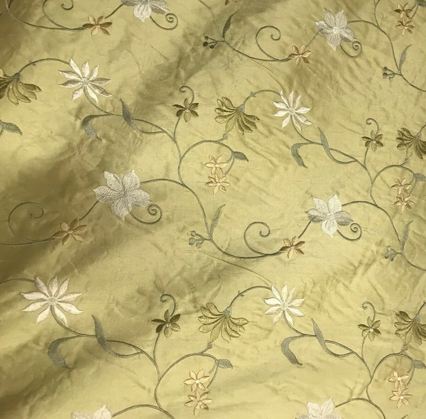 NEW! 100% Silk Dupioni Drapery Golden Yellow Embroidered Floral Fabric GFSUY0001 - Fancy Styles Fabric Pierre Frey Lee Jofa Brunschwig & Fils