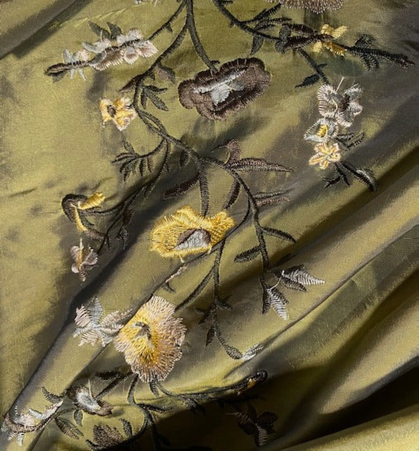 DEAL! Duchess Aurora Olive Green Iridescence Faux Silk Embroidered Fabric - Fancy Styles Fabric Pierre Frey Lee Jofa Brunschwig & Fils