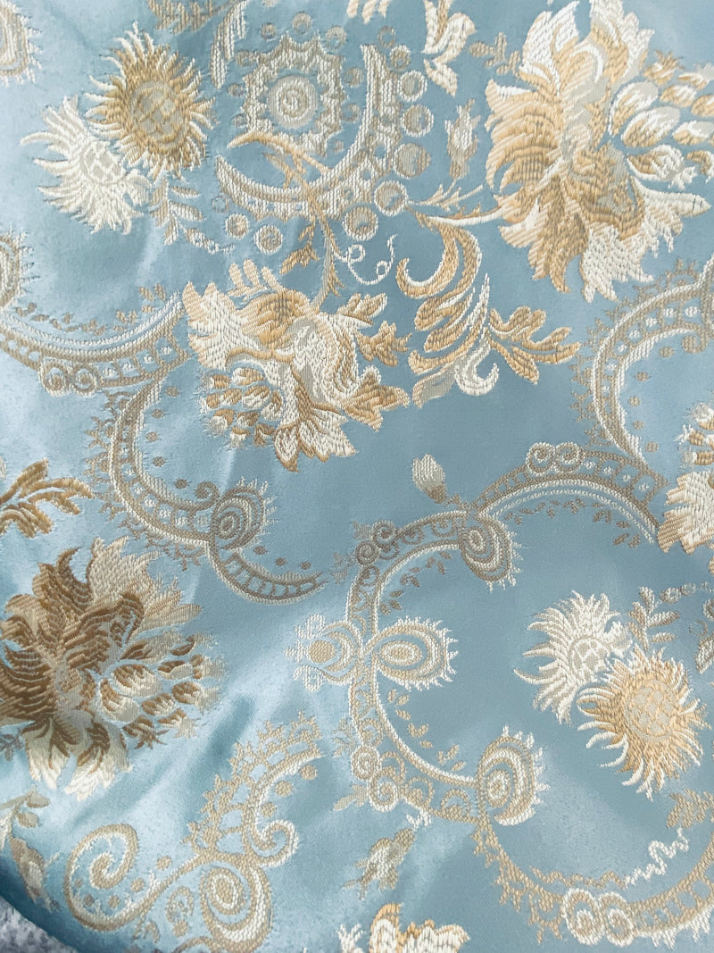 Agatha Christie Train Brocade Jacquard Fabric- Blue Gold Floral