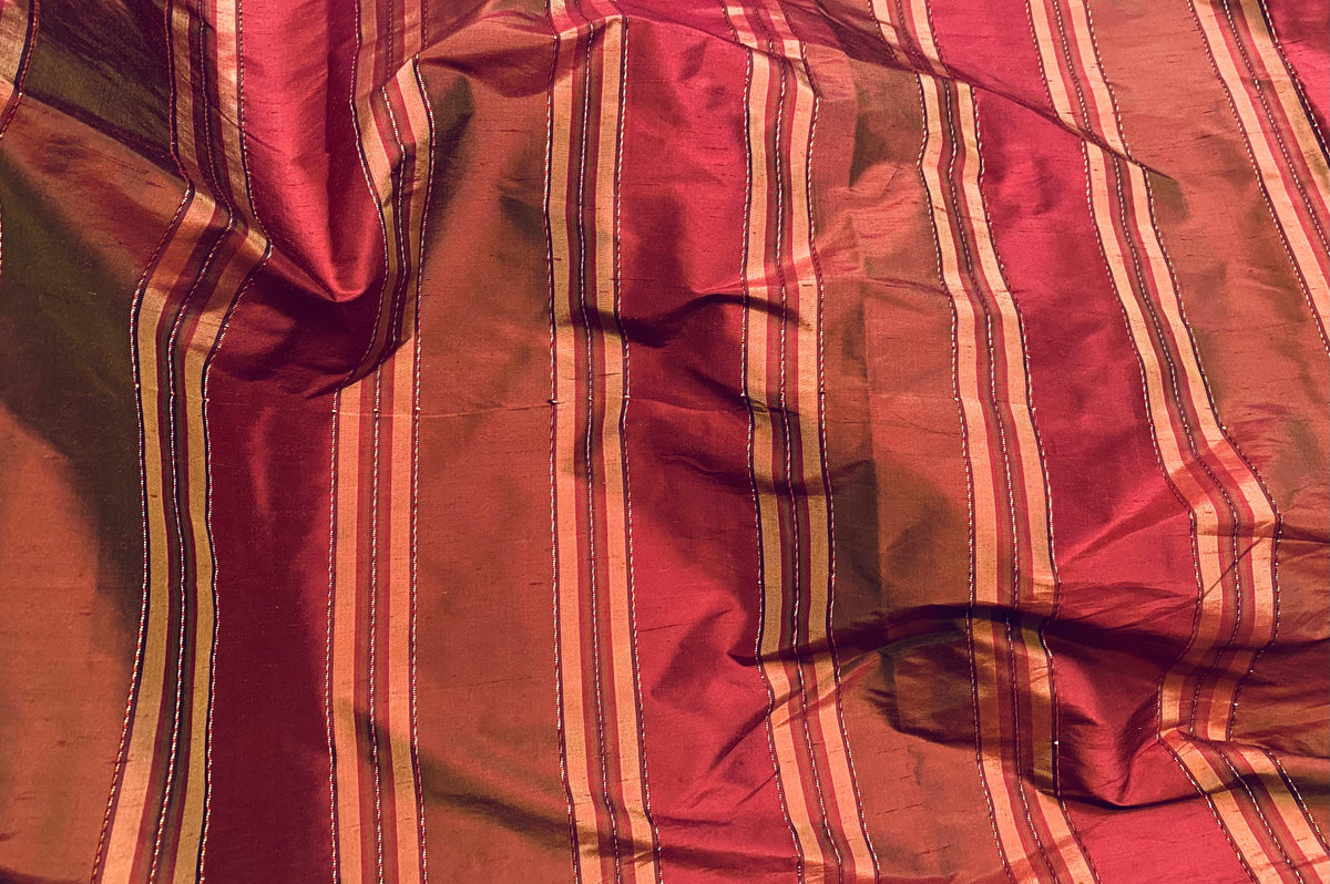 NEW Queen River Novelty 100% Silk Dupioni Embroidered Stripe Fabric - Red Burgundy - Fancy Styles Fabric Pierre Frey Lee Jofa Brunschwig & Fils