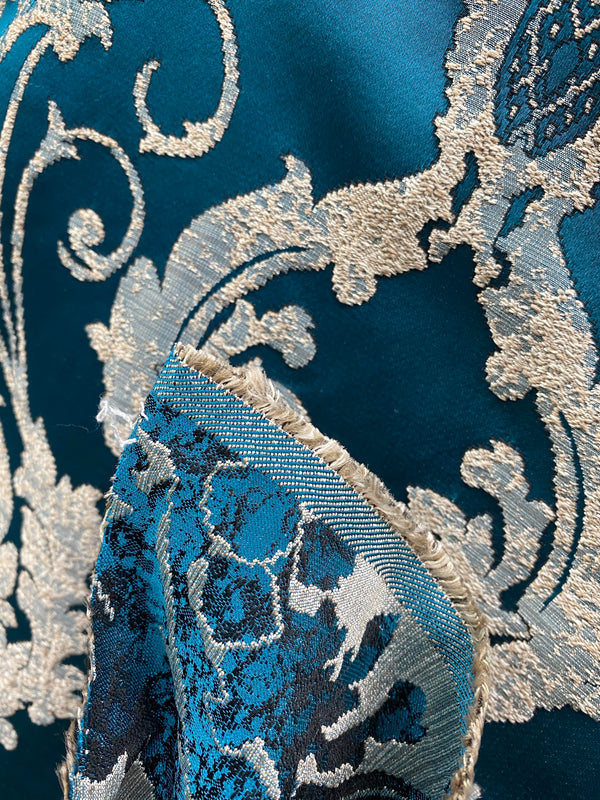 NEW Lord Tustin Brocade Upholstery & Drapery Satin Damask Fabric - Teal Peacock Blue - Fancy Styles Fabric Pierre Frey Lee Jofa Brunschwig & Fils