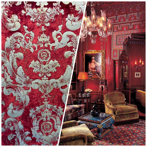 NEW! Queen Renee Designer Burnout Antique Inspired Velvet Fabric Red & Gold - Fancy Styles Fabric Pierre Frey Lee Jofa Brunschwig & Fils