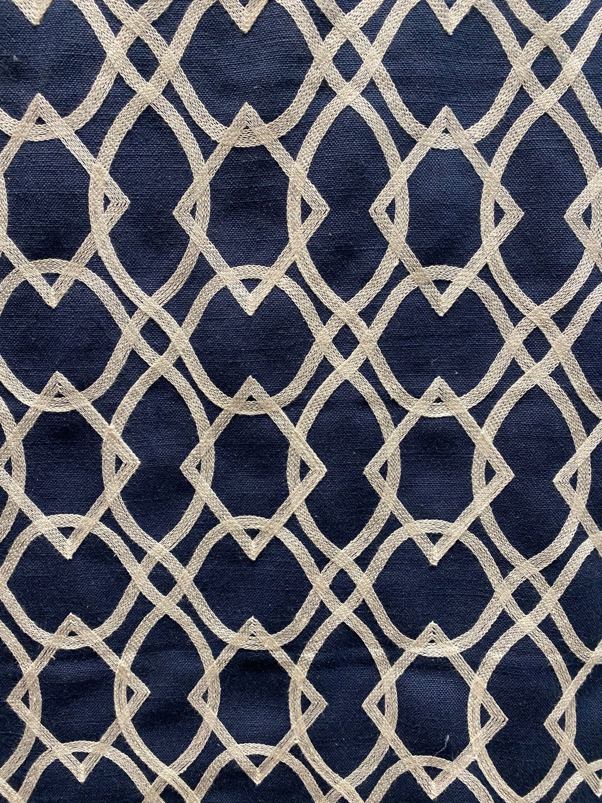 NEW! SALE! Prince Gregorian Novelty 100% Linen Fabric Geometric Embroidery- Natural and Blue - Fancy Styles Fabric Pierre Frey Lee Jofa Brunschwig & Fils