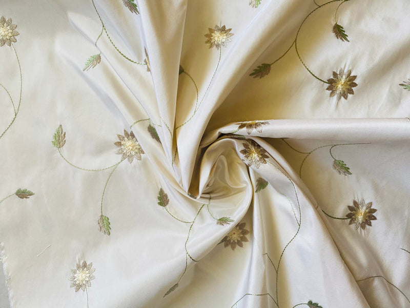 NEW Countess Manon 100% Silk Taffeta in Light Gold with Floral Embroidered  Fabric
