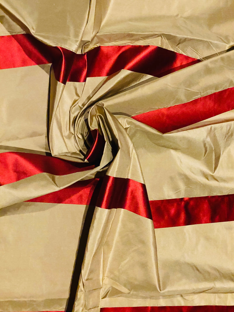 NEW! Princess Nella 100% Silk Taffeta Satin Ribbon 2” Striped Fabric - Red and Tea Stain