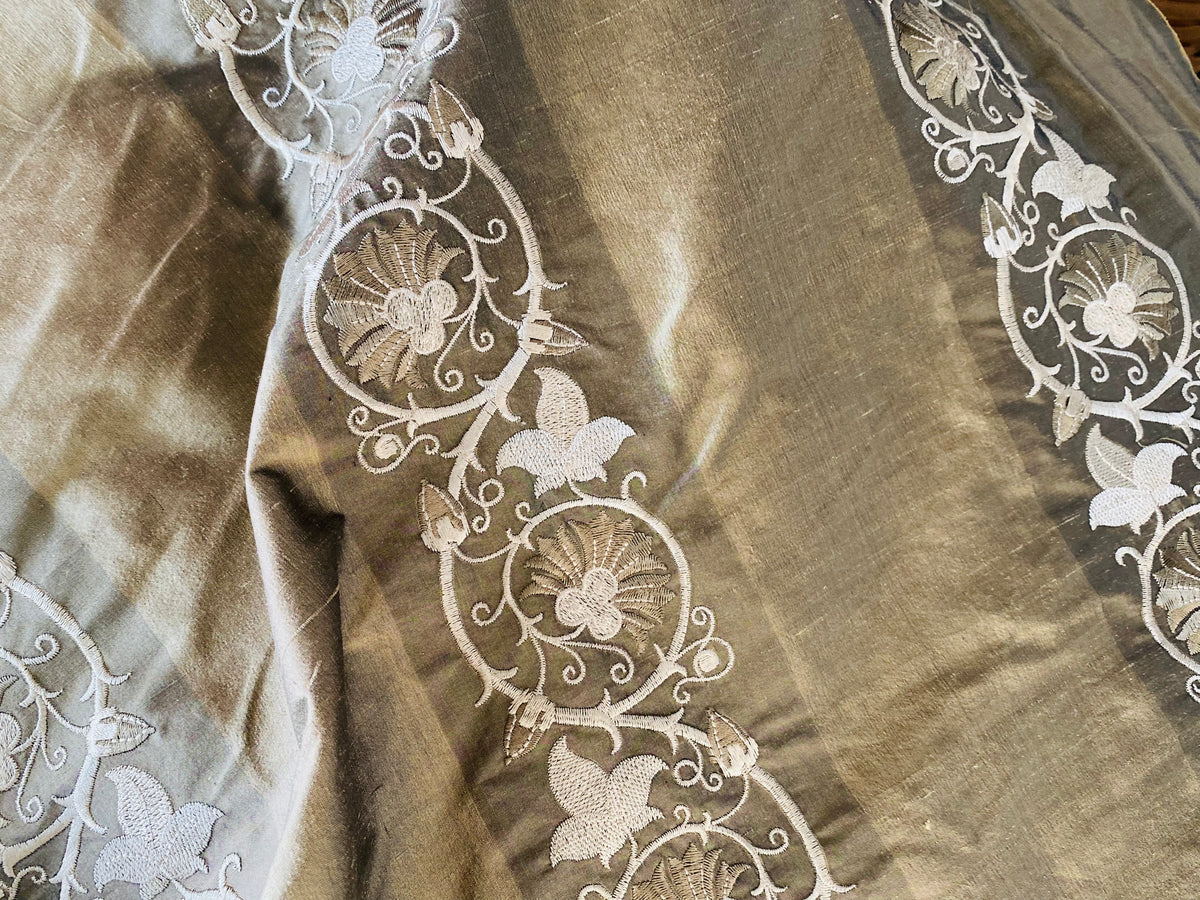 NEW Duchess Jezebel 100% Silk Taffeta Embroidered Scroll Stripe Floral Motif (no satin ribbon stripe) Old Gold - Fancy Styles Fabric Pierre Frey Lee Jofa Brunschwig & Fils