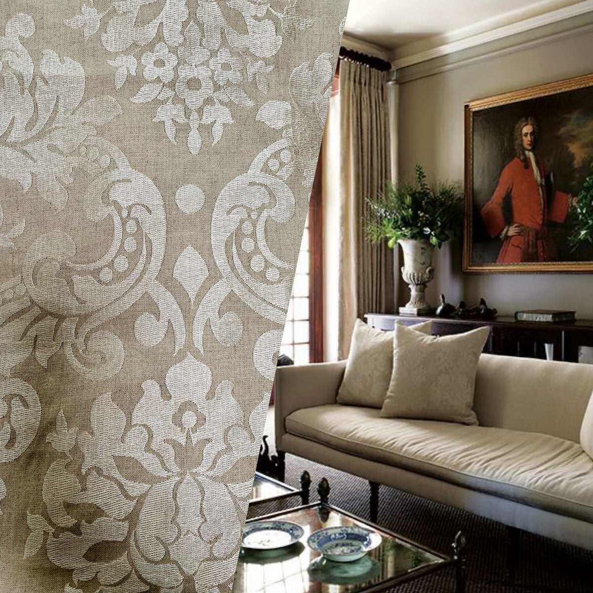 NEW! Duchess Dolly Novelty Imported 100% Linen Damask Fabric - Smoke and Cream Colorway - Fancy Styles Fabric Pierre Frey Lee Jofa Brunschwig & Fils