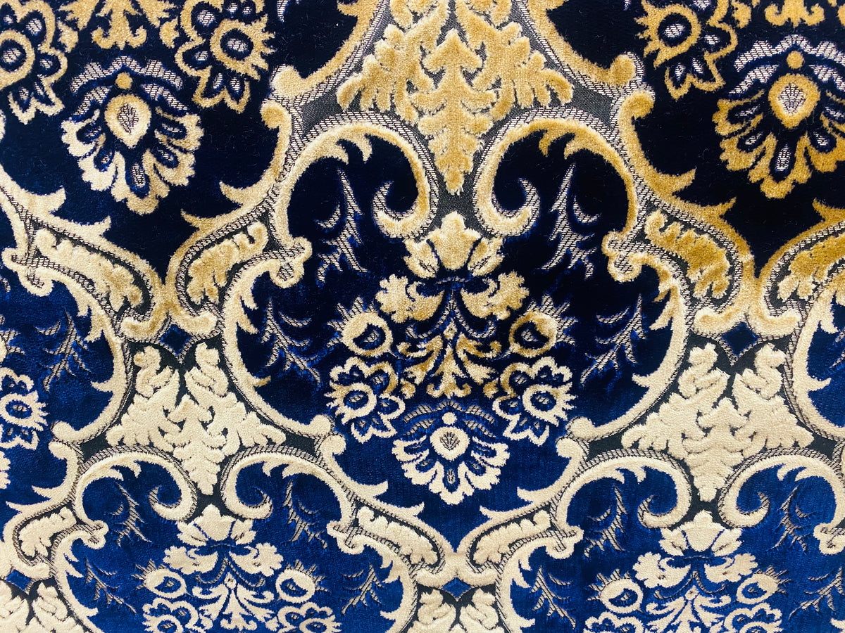NEW Sir Scott Designer Italian Burnout Medallion Chenille Velvet Fabric Jewel Blue and Beige Yellow- Upholstery - Fancy Styles Fabric Pierre Frey Lee Jofa Brunschwig & Fils