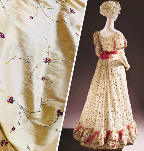 NEW Miss Jessica Designer 100% Silk Dupioni - Ivory Pale Yellow with Floral Embroidery - Fancy Styles Fabric Pierre Frey Lee Jofa Brunschwig & Fils