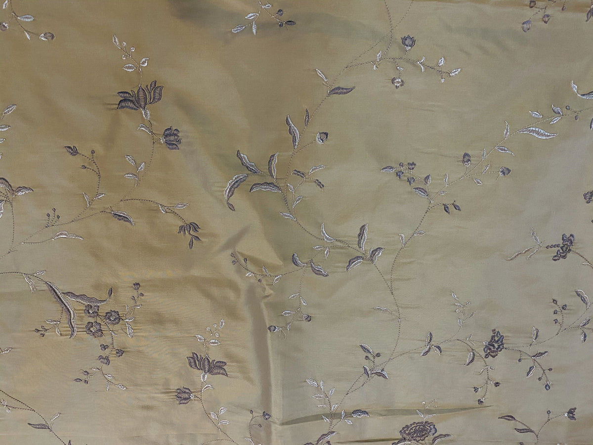 NEW SALE! 3 Yard Remnant- Queen Amaranth 100% Silk Taffeta Embroidered Floral Fabric- Gold