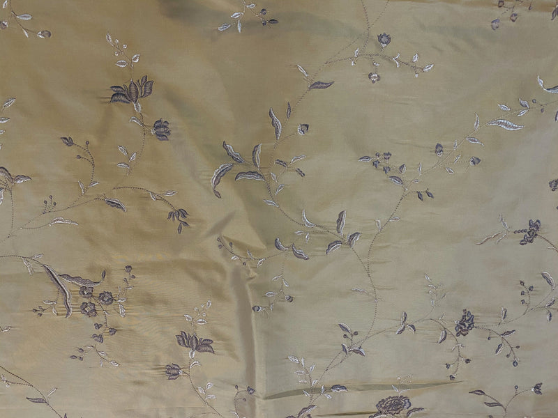 NEW SALE! 3 Yard Remnant- Queen Amaranth 100% Silk Taffeta Embroidered Floral Fabric- Gold