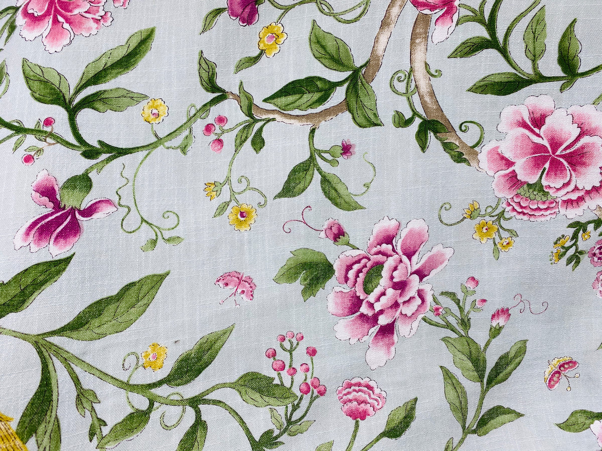 NEW! Miss Jamie Designer Floral & Bird Motif Drapery Upholstery Fabric- French Pink & Stone - Fancy Styles Fabric Pierre Frey Lee Jofa Brunschwig & Fils