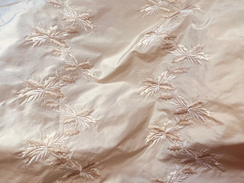 Fat Quarter: Queen Lafayette Novelty Couture 100% Silk Taffeta Embroidered Leaf Motif Fabric Cream