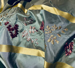 NEW Lady Lana Designer 100% Silk Taffeta Silvery Aqua Blue Fabric Embroidered Floral Drapery - Fancy Styles Fabric Pierre Frey Lee Jofa Brunschwig & Fils